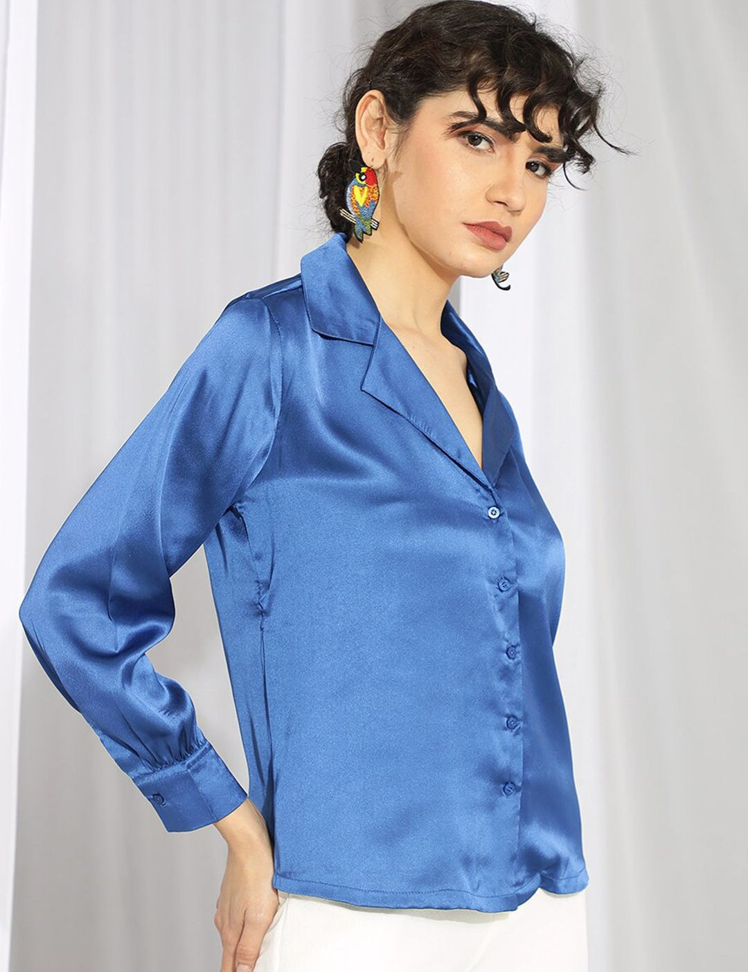 Kotty Blue Cuffed Sleeves Satin Shirt Style Top