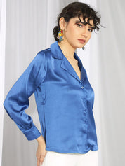 Kotty Blue Cuffed Sleeves Satin Shirt Style Top