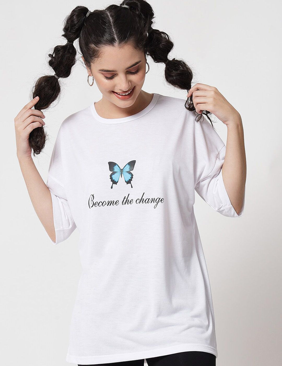 Kotty Women White Printed Applique Loose T-shirt