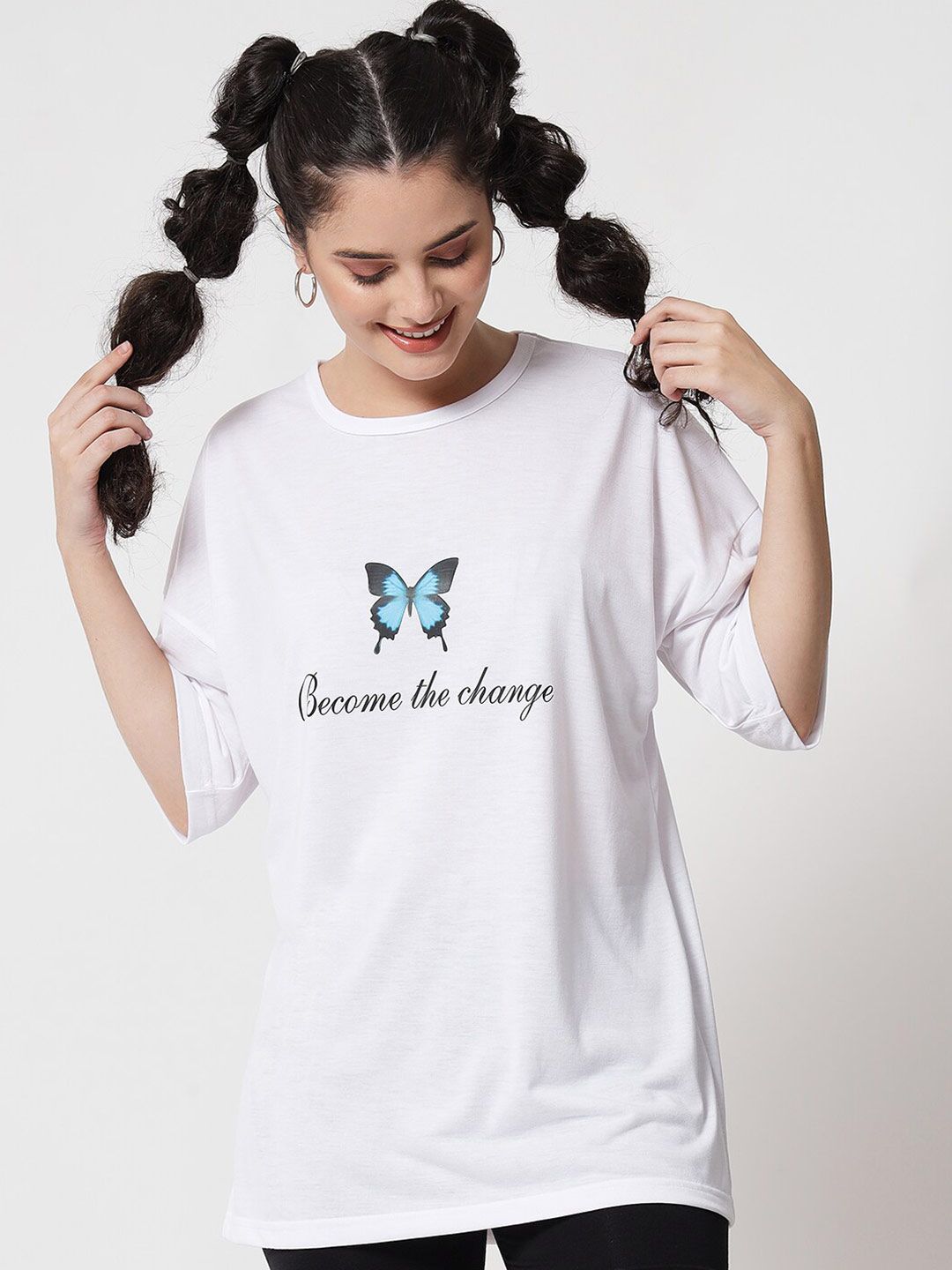 Kotty Women White Printed Applique Loose T-shirt