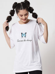 Kotty Women White Printed Applique Loose T-shirt