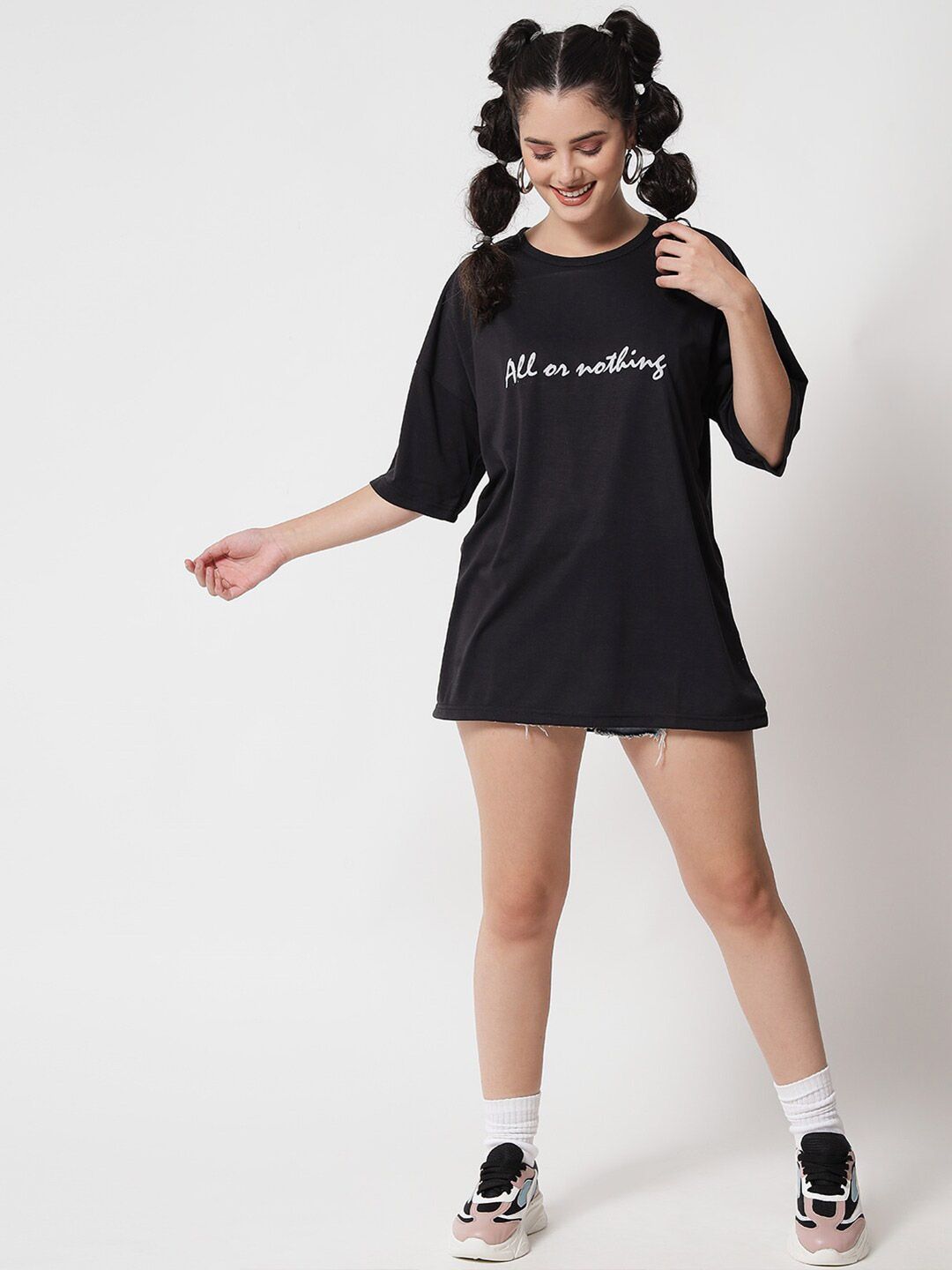 Kotty Women Black Typography Printed V-Neck Oversized T-shirt