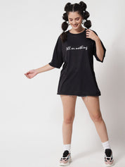Kotty Women Black Typography Printed V-Neck Oversized T-shirt