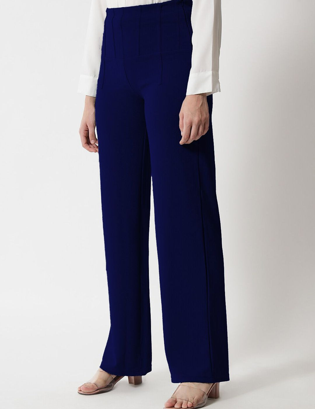 Kotty Women Navy Blue Relaxed Straight Fit High-Rise Easy Wash Trousers