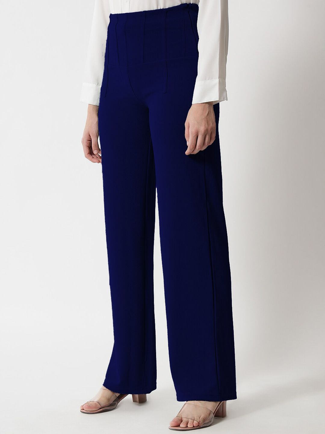 Kotty Women Navy Blue Relaxed Straight Fit High-Rise Easy Wash Trousers