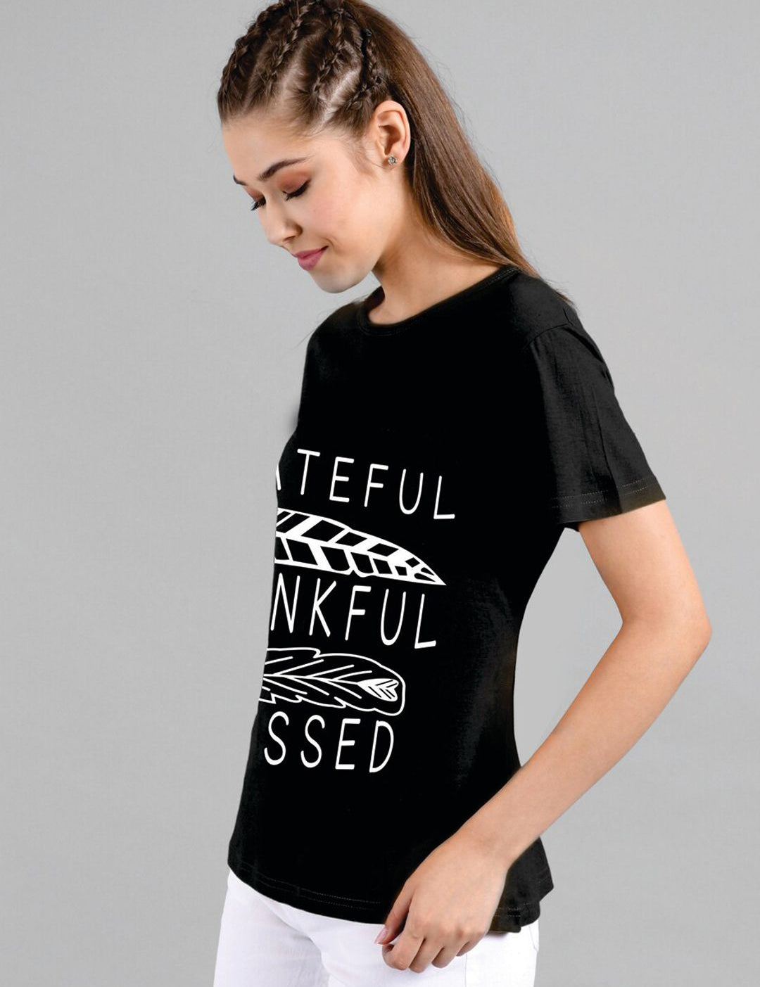 Kotty Women Black Printed Round Neck T-shirt