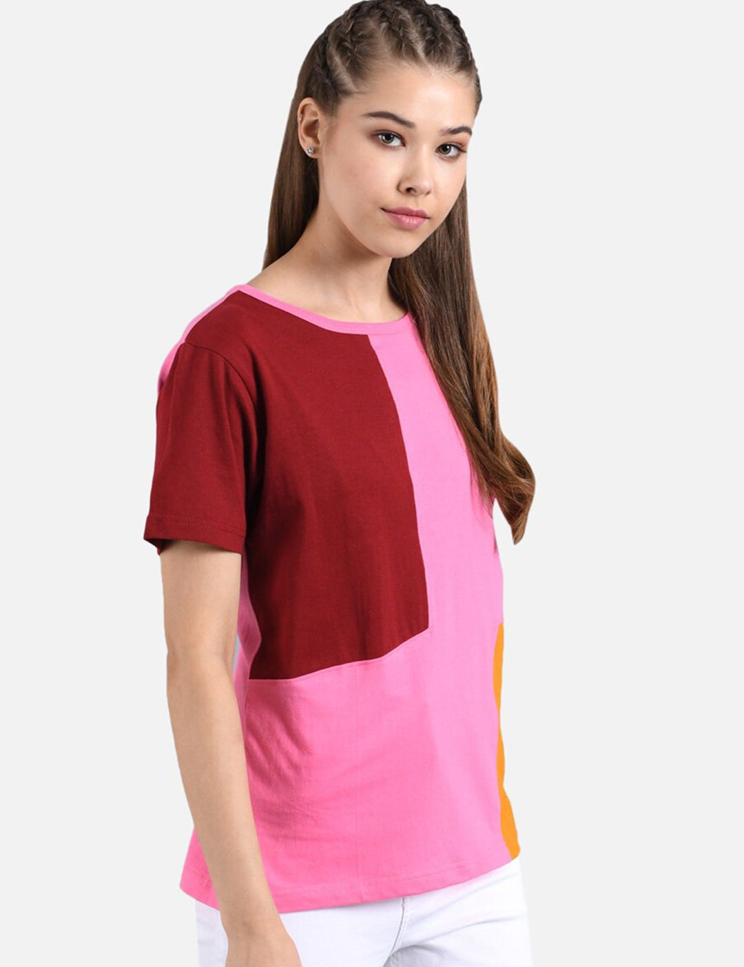 Kotty Women Pink & Maroon Colourblocked Boat Neck T-shirt