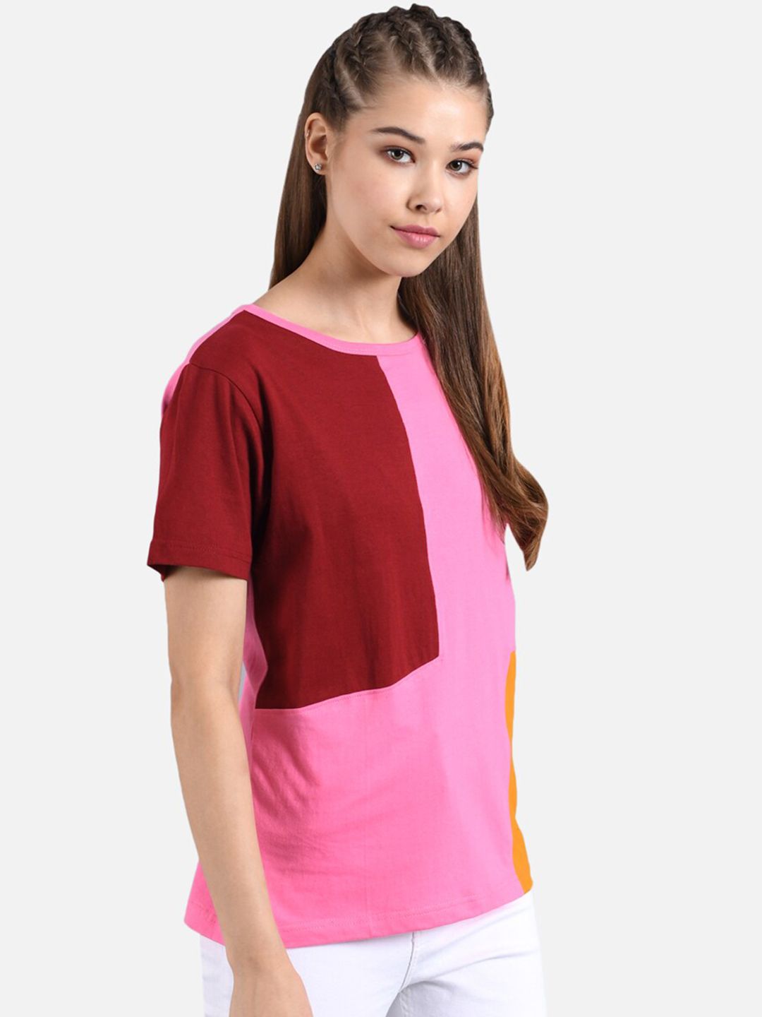 Kotty Women Pink & Maroon Colourblocked Boat Neck T-shirt