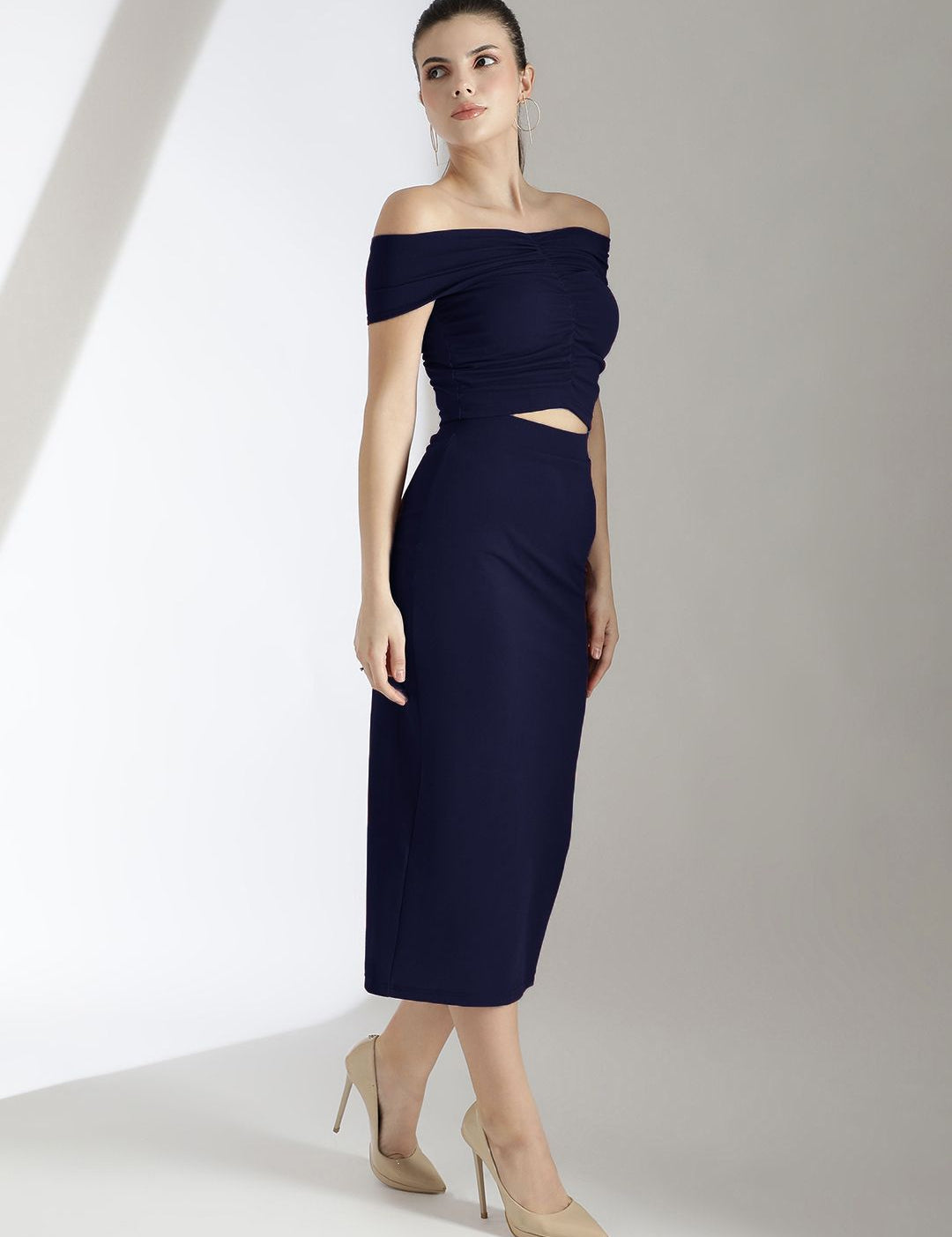 Kotty Navy Blue Off Shoulder Top With Skirt 