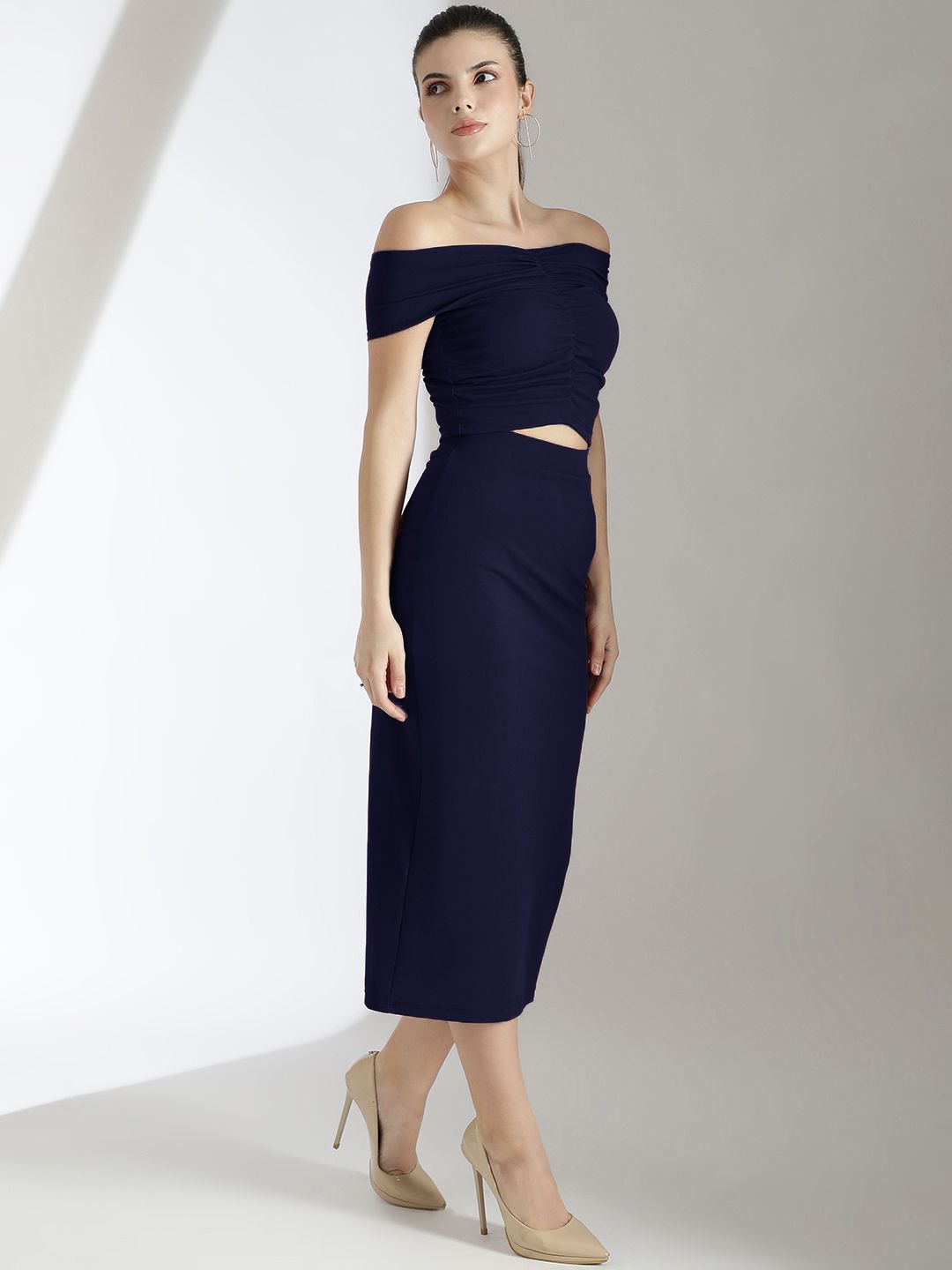 Kotty Navy Blue Off Shoulder Top With Skirt 