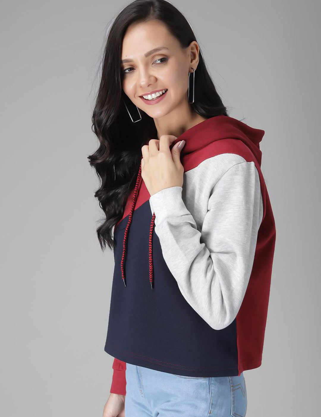 Kotty Women Maroon & Black Colourblocked Hooded Sweatshirt