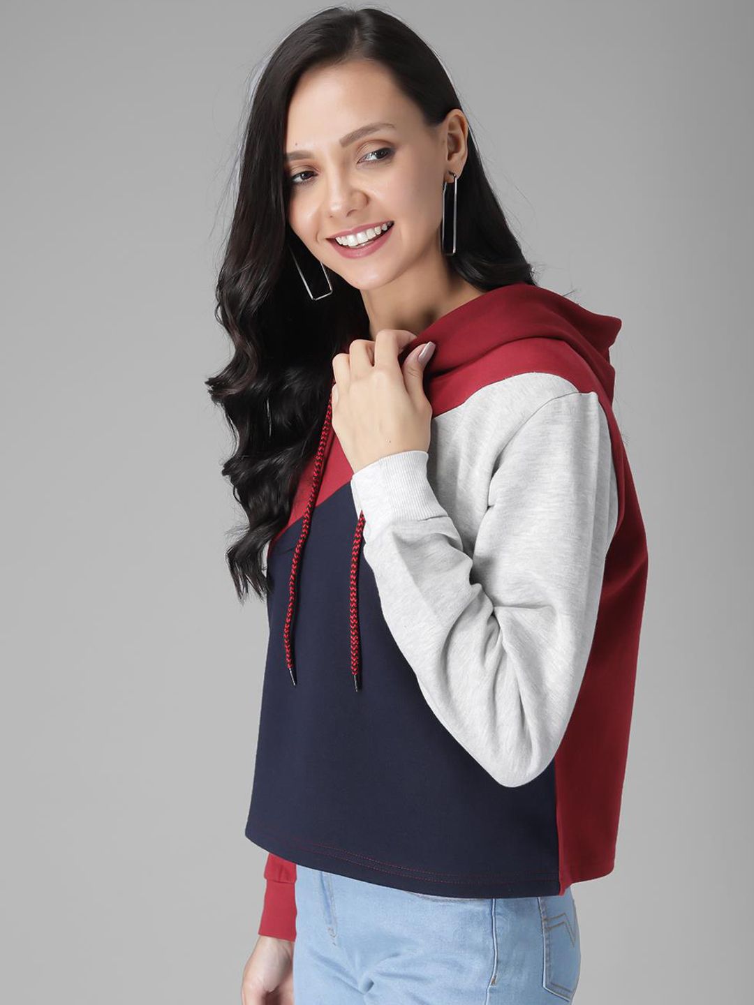 Kotty Women Maroon & Black Colourblocked Hooded Sweatshirt