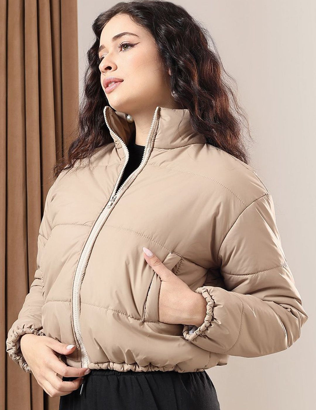 Kotty Women Mock Collar Solid Casual Puffer Insulator Jacket