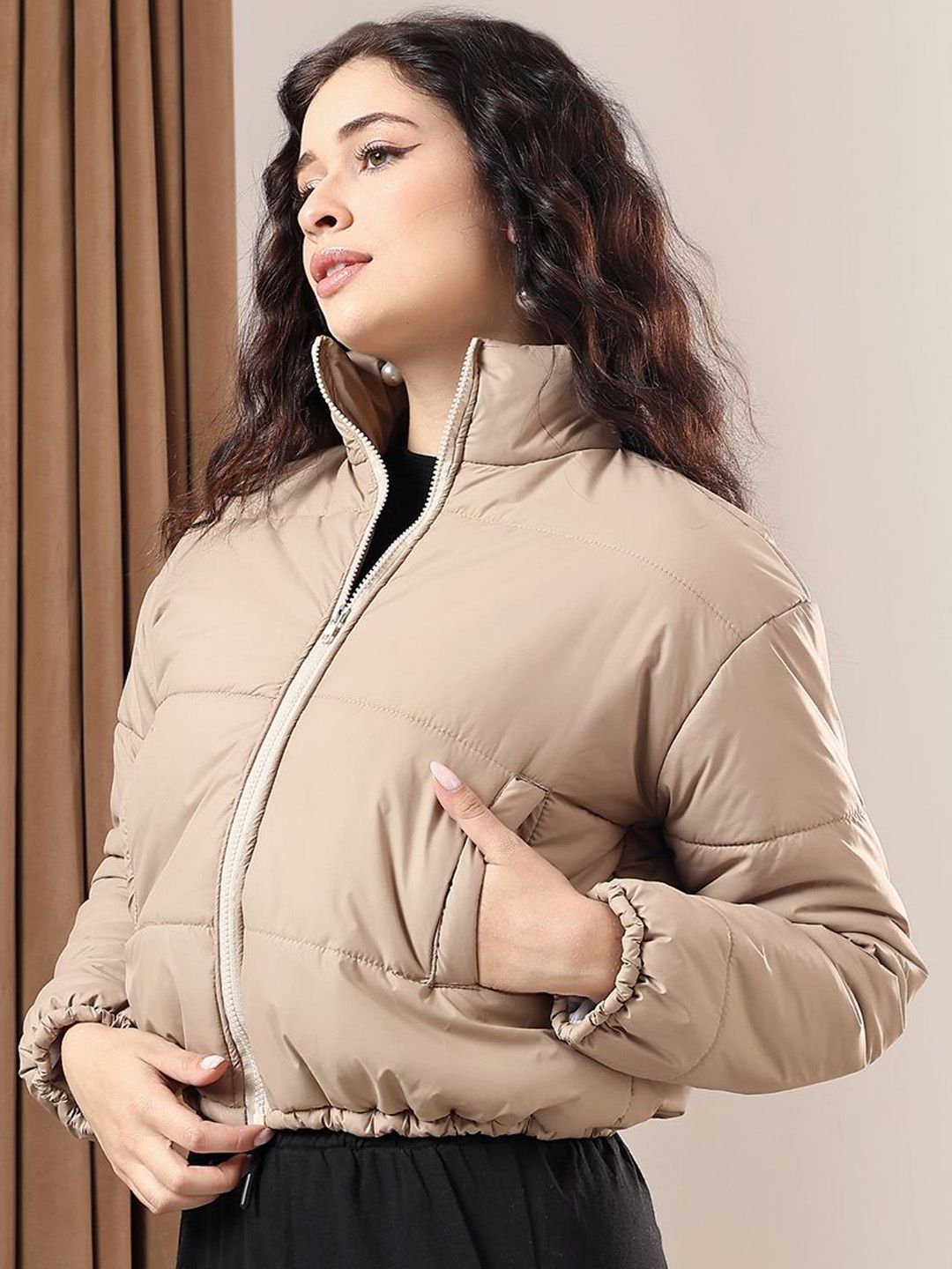 Kotty Women Mock Collar Solid Casual Puffer Insulator Jacket
