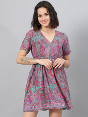 Kotty Magenta Ethnic Motif Printed Fit & Flare Mini Dress