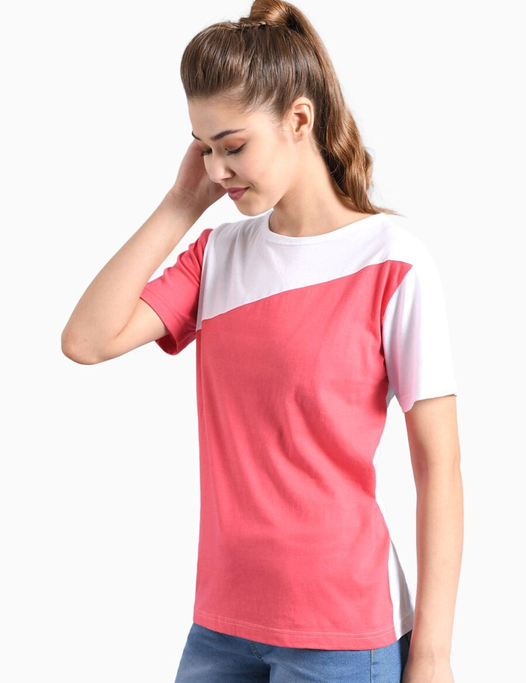 Kotty Women Coral Pink & White Colourblocked Boat Neck T-shirt