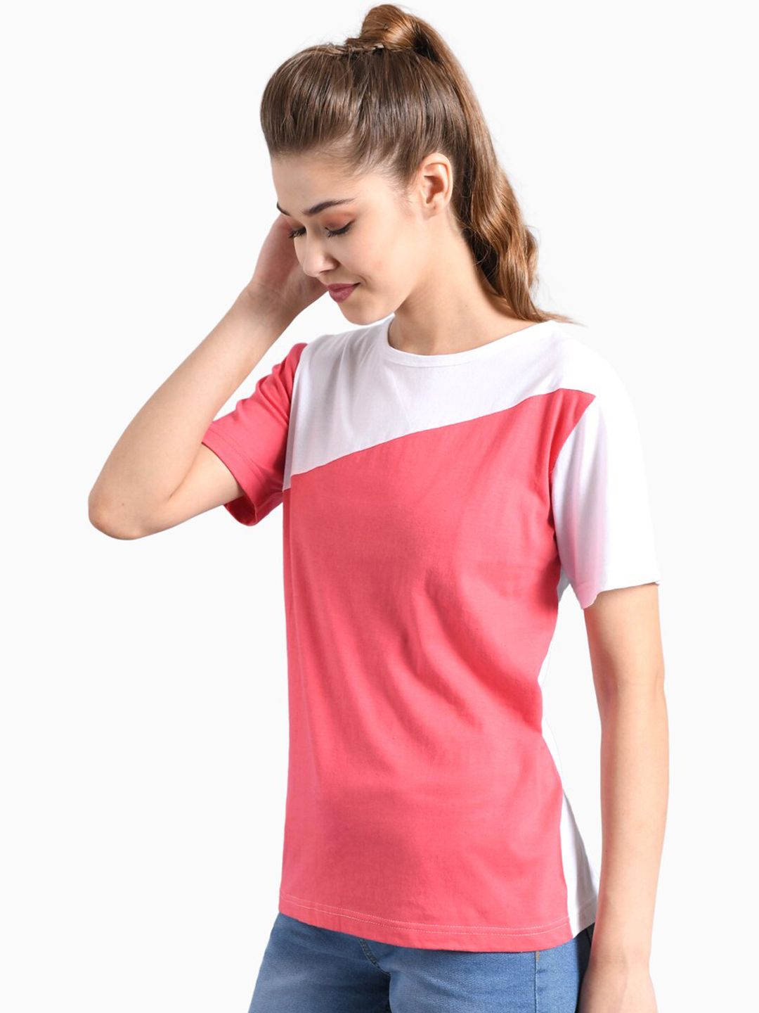 Kotty Women Coral Pink & White Colourblocked Boat Neck T-shirt