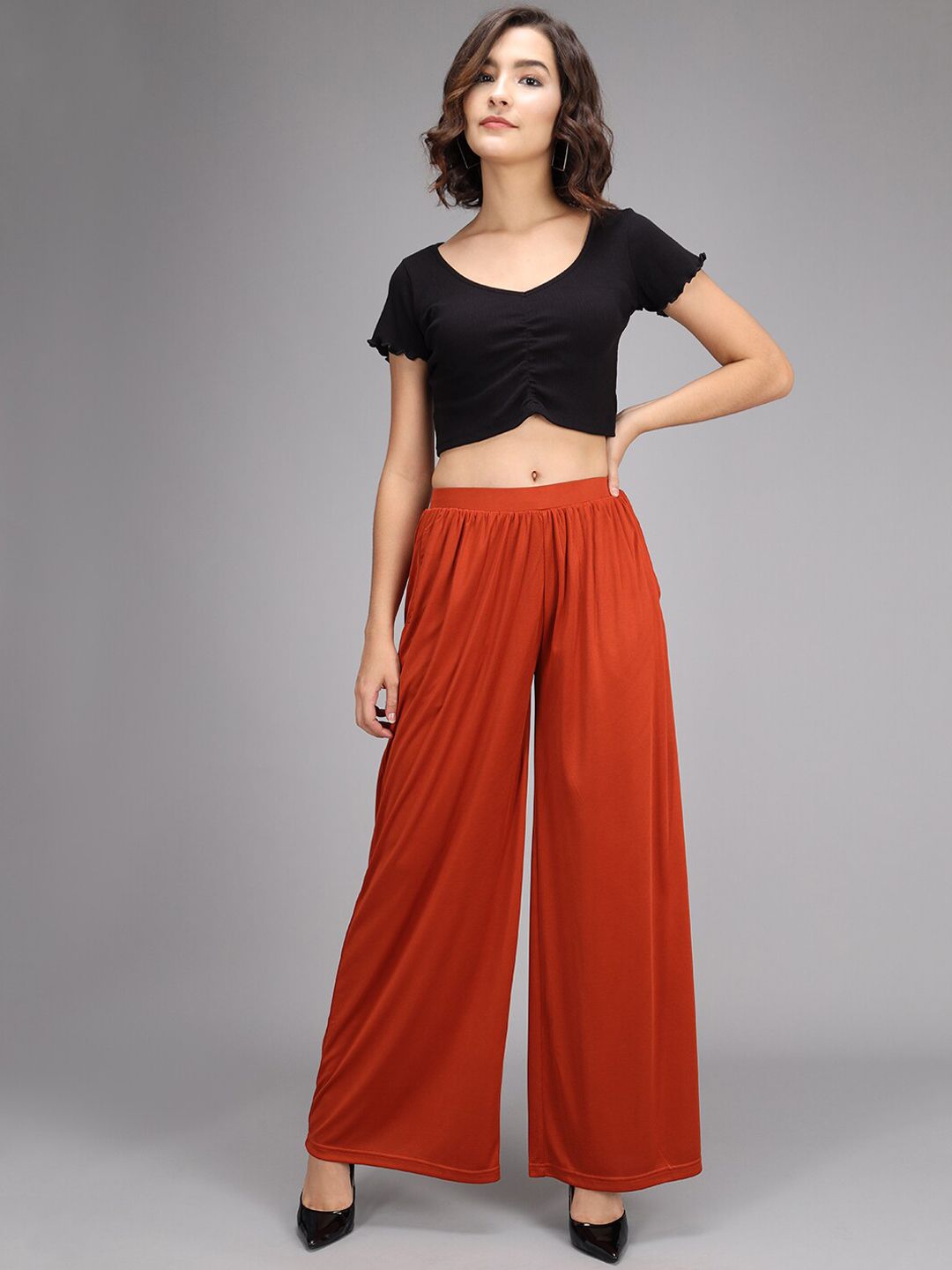 Kotty Women Rust Flared High-Rise Pleated Parallel Trousers