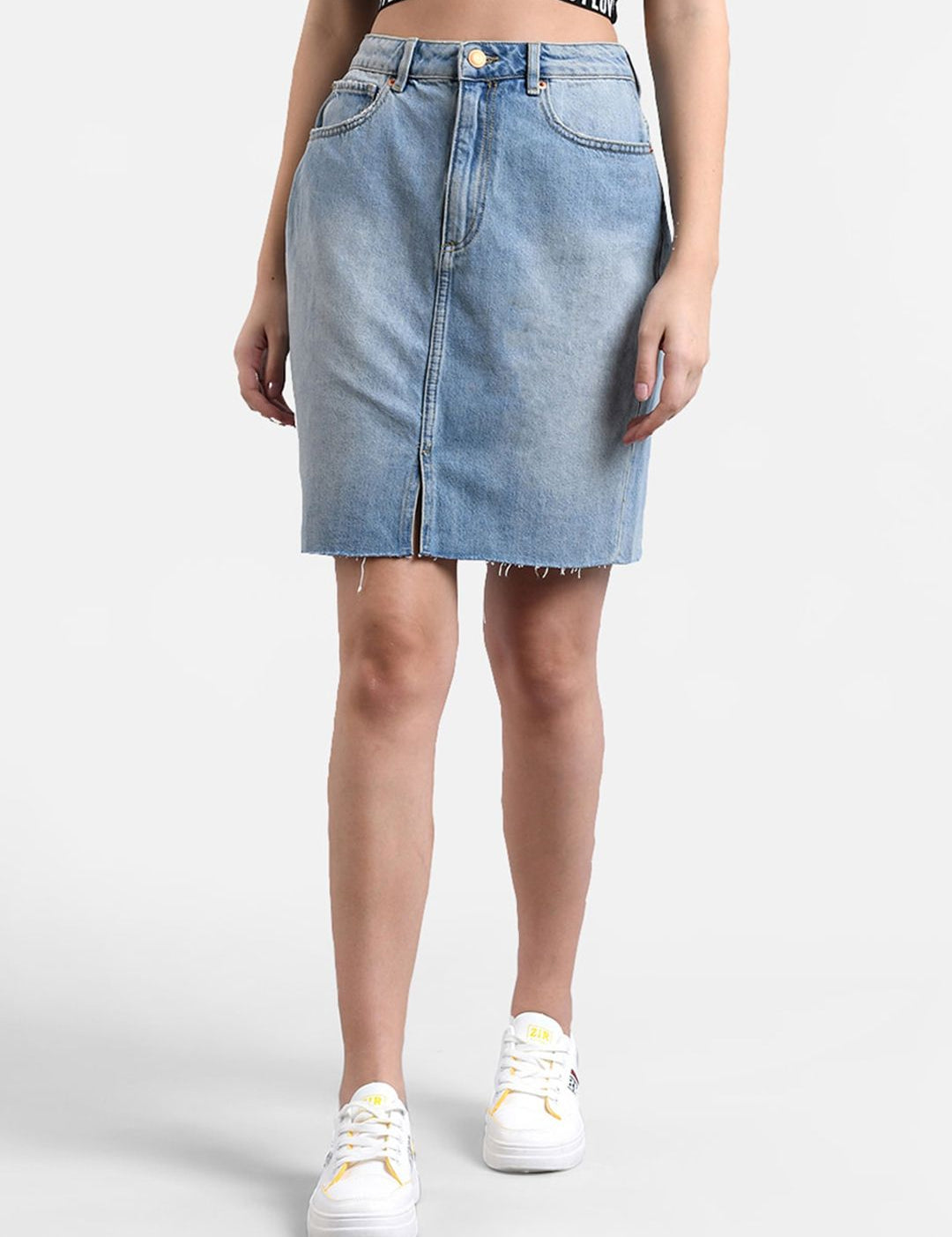 Kotty Women Blue Washed Denim Mini Straight Skirt