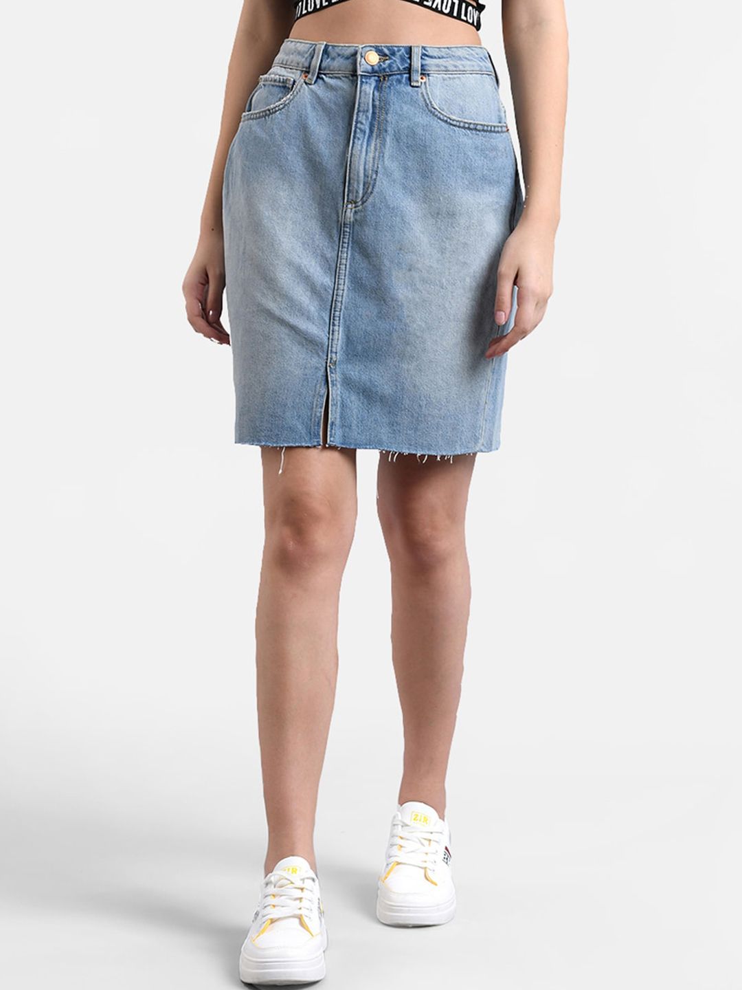 Kotty Women Blue Washed Denim Mini Straight Skirt