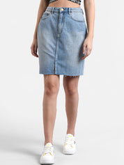 Kotty Women Blue Washed Denim Mini Straight Skirt