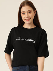 Kotty Typography Printed Drop-Shoulder Sleeves Oversized T-shirt