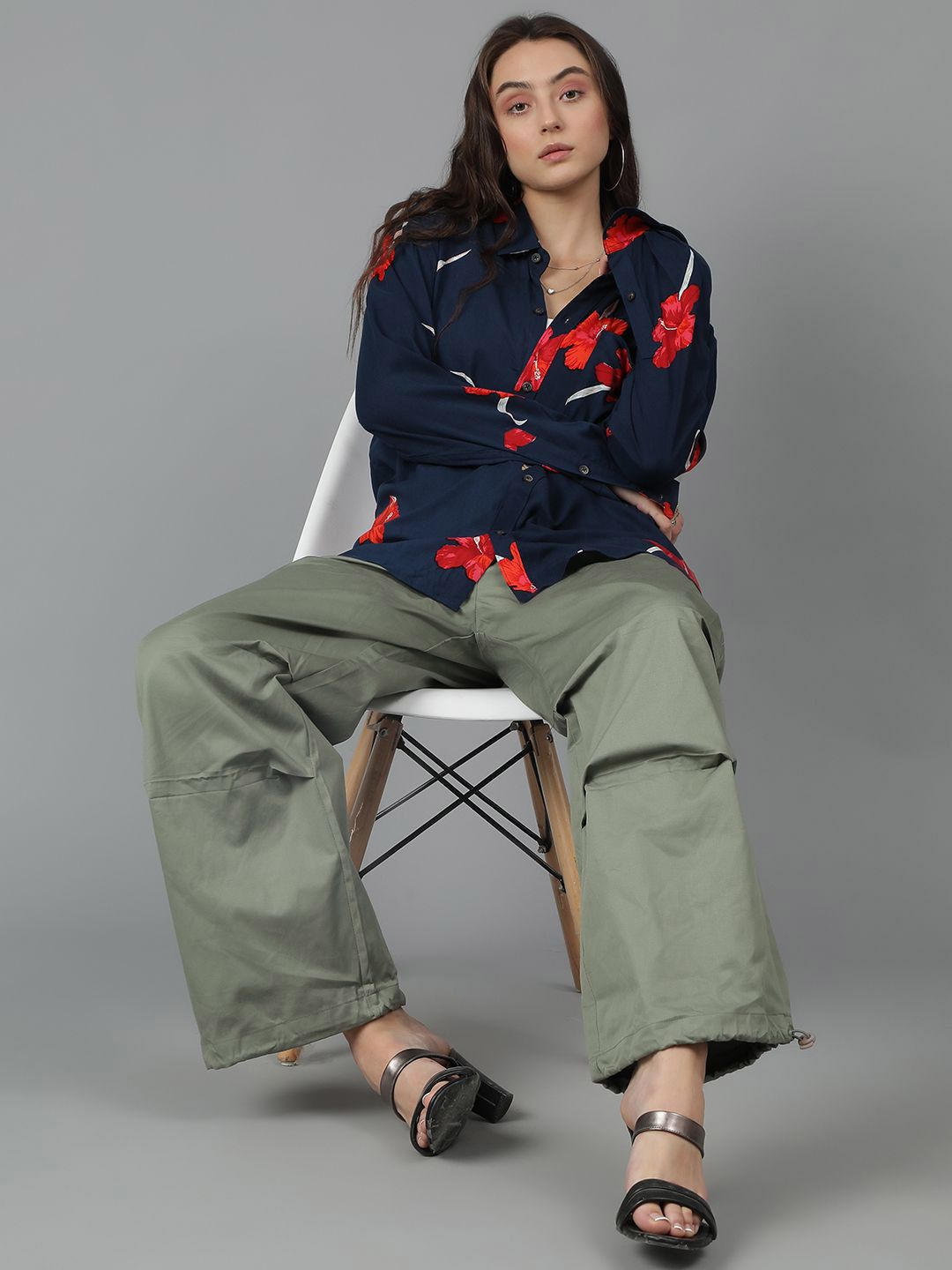 Kotty Women Spread Collar Floral Printed Cotton Oversized Casual Shirt
