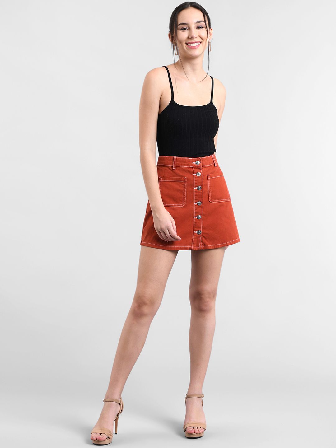 Kotty Women Orange Solid Mini Denim A-Line Skirt