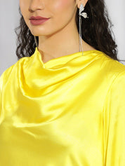 Kotty Yellow Cowl Neck Cuffed Sleeves Satin Top