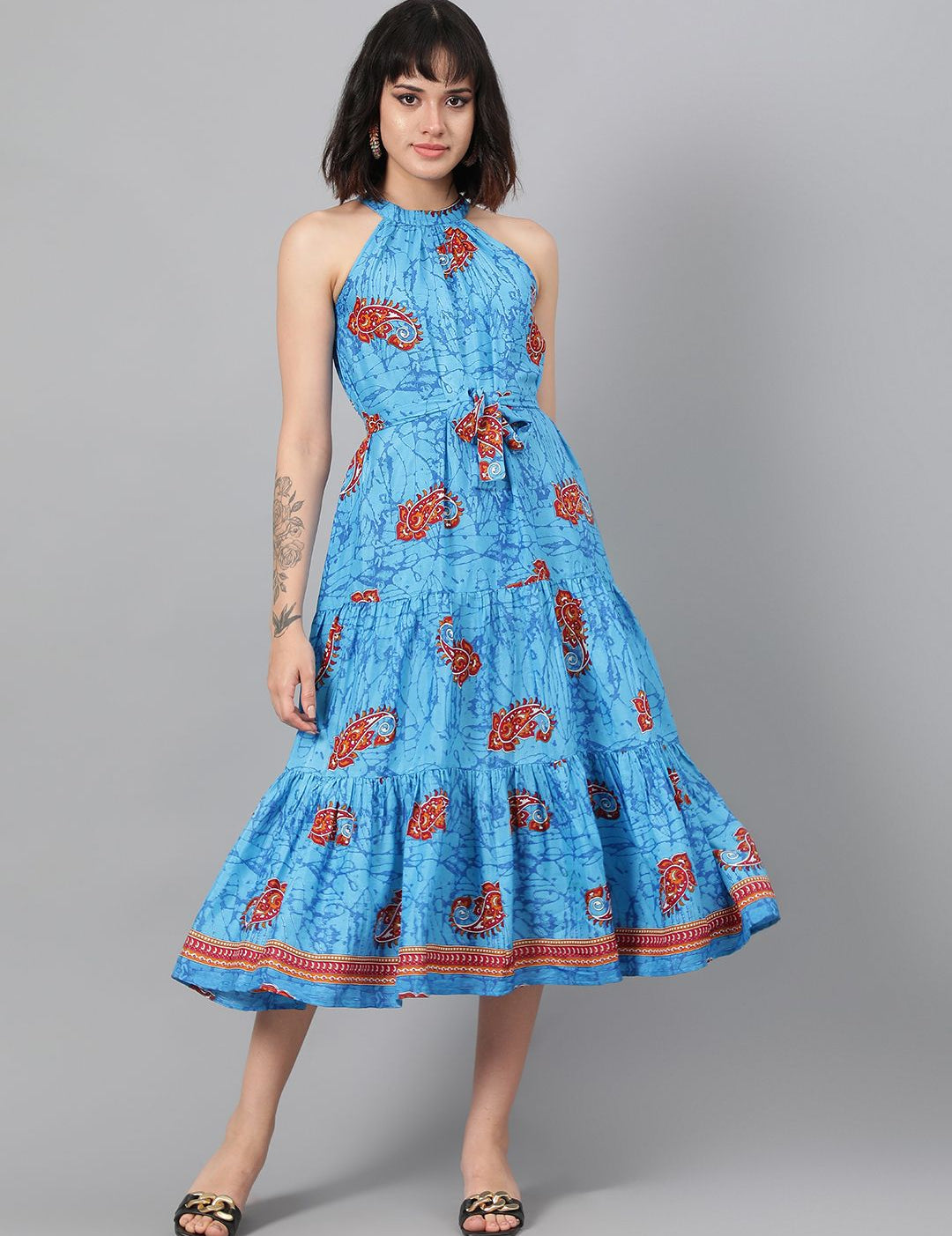 Kotty  Ethnic Motifs Printed Halter Neck Layered Crepe Fit & Flare Midi Dress