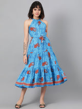 Kotty  Ethnic Motifs Printed Halter Neck Layered Crepe Fit & Flare Midi Dress