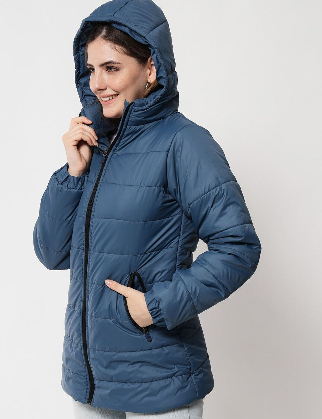Kotty Women Blue Solid Longline Padded Jacket