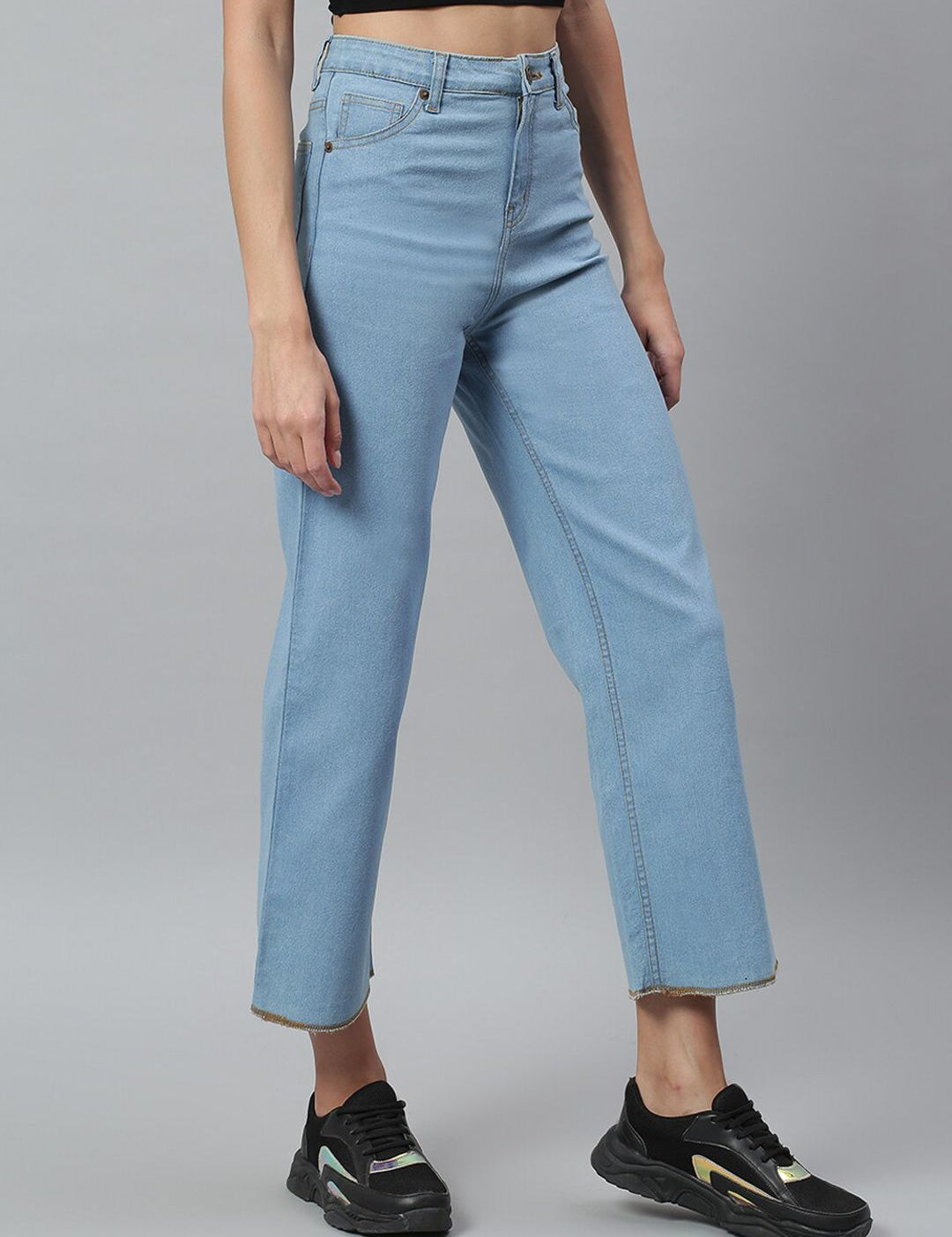 Kotty Women Blue Solid Cotton High-Rise Crop Flared Jeans