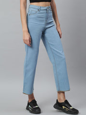 Kotty Women Blue Solid Cotton High-Rise Crop Flared Jeans
