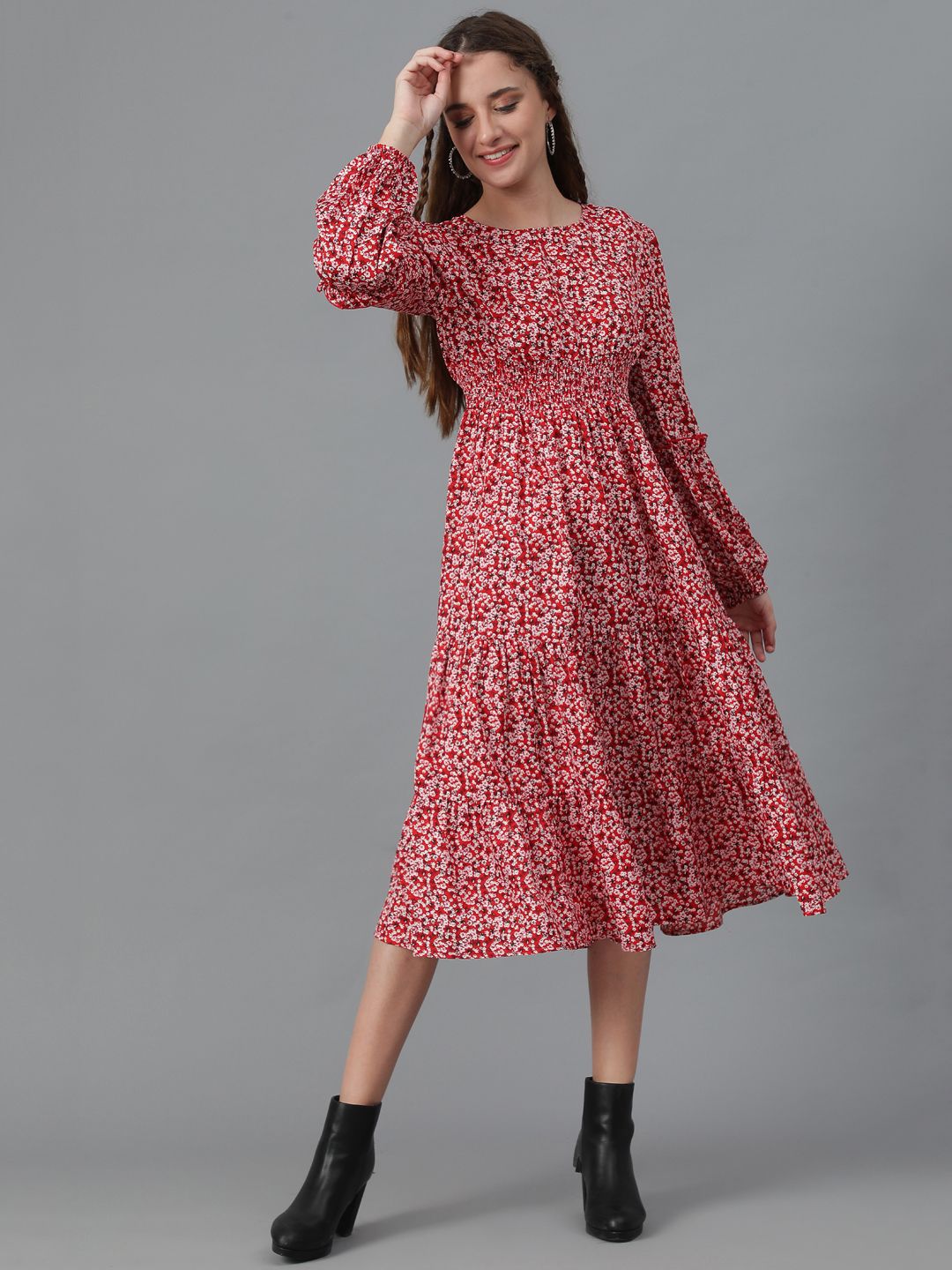 Kotty Floral Printed Puff Sleeve Layered Crepe Fit & Flare Midi Dress