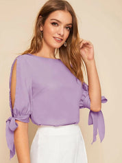 Kotty Purple Boat Neck Slit Sleeve Top