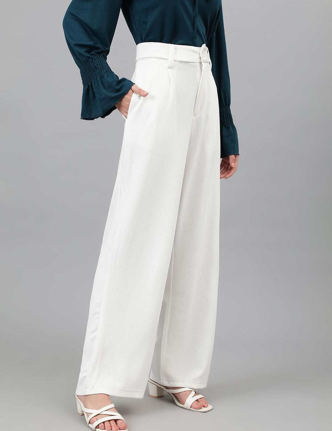 KOTTY BIZwear Women White Relaxed Straight Leg Straight Fit High-Rise Easy Wash Pleated Trousers