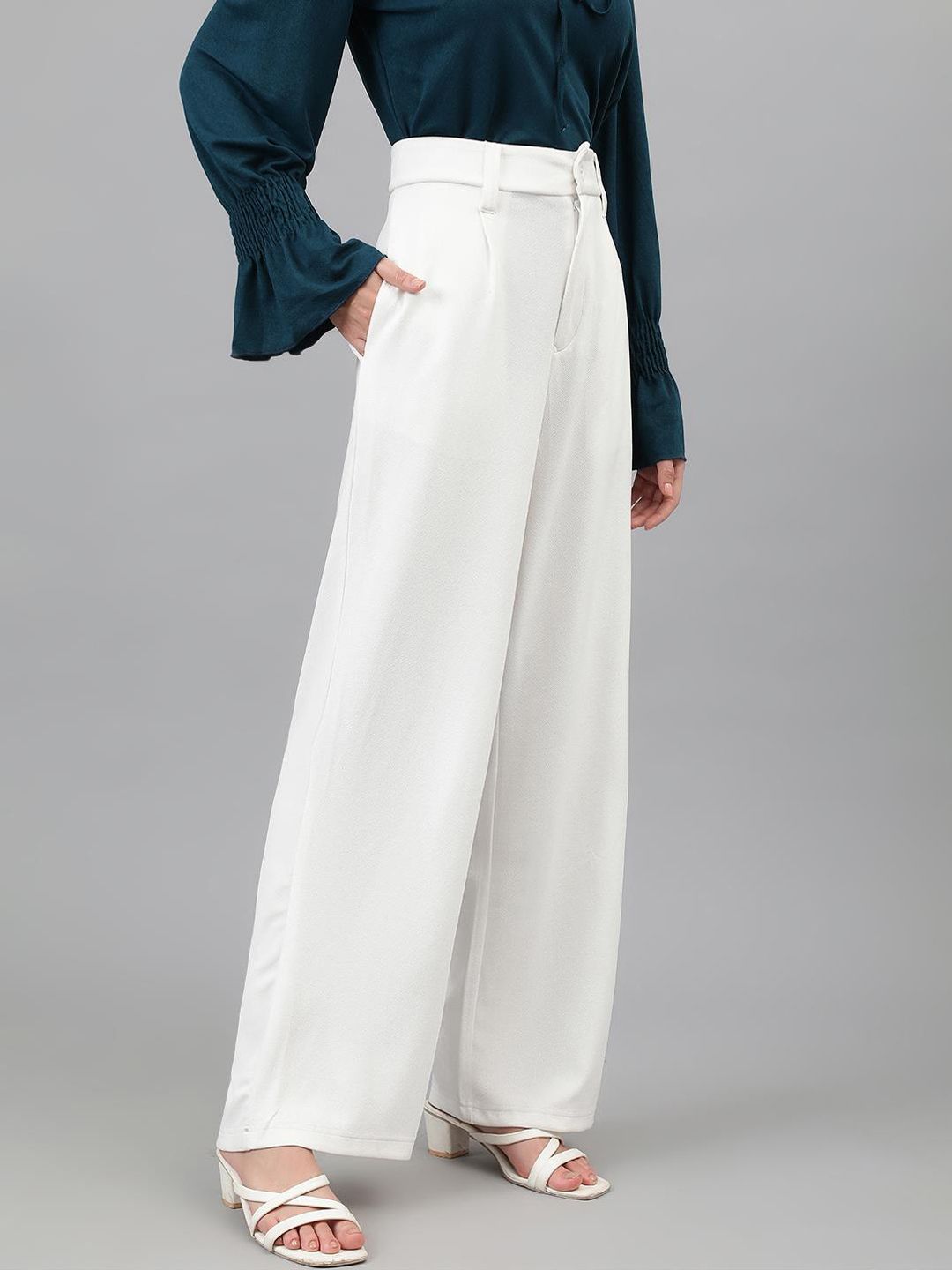 KOTTY BIZwear Women White Relaxed Straight Leg Straight Fit High-Rise Easy Wash Pleated Trousers
