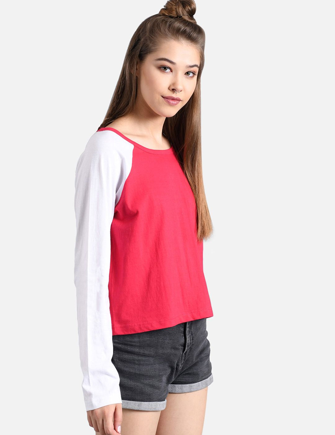 Kotty Women Pink & White Colourblocked Round Neck T-shirt