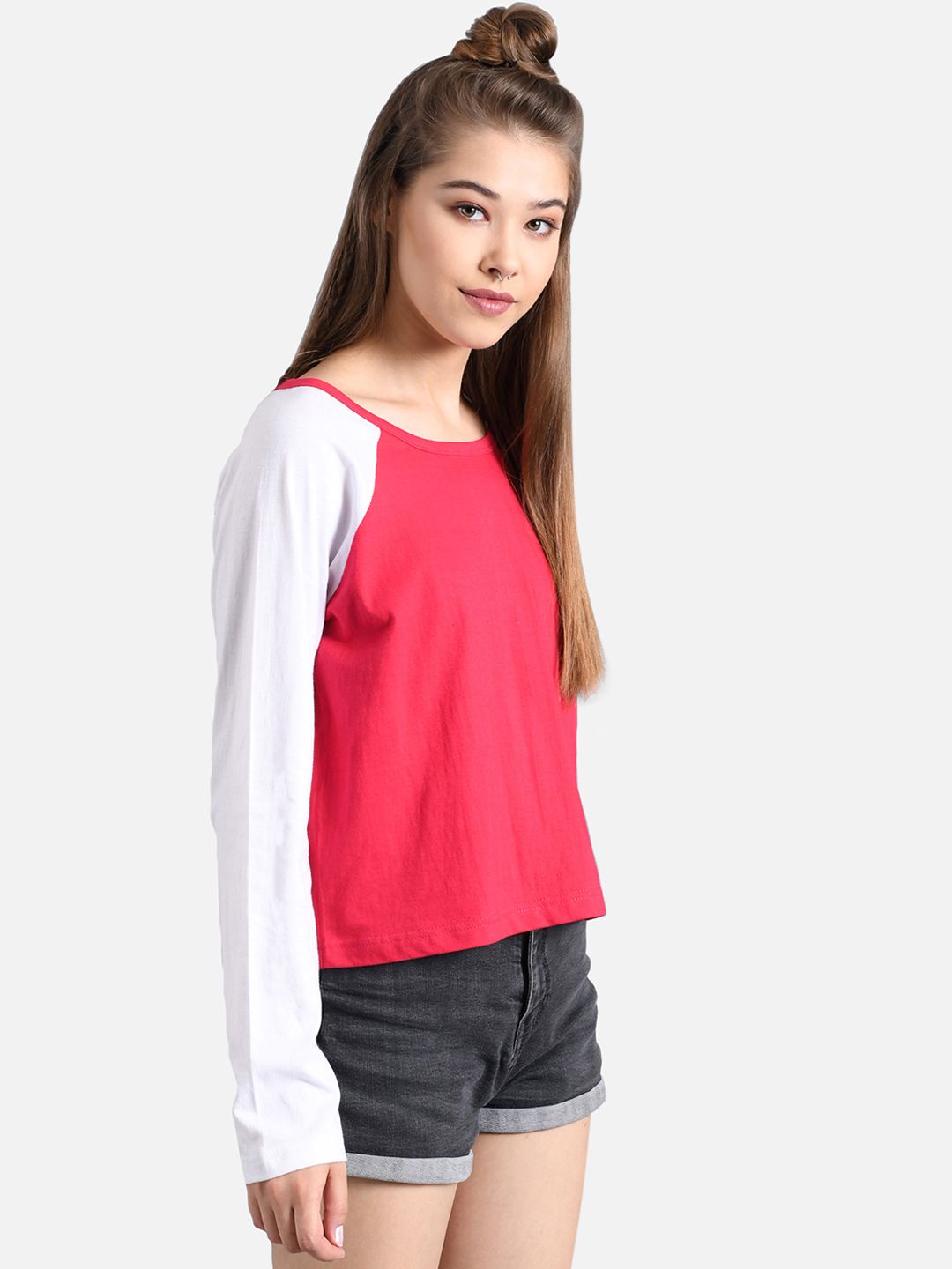 Kotty Women Pink & White Colourblocked Round Neck T-shirt