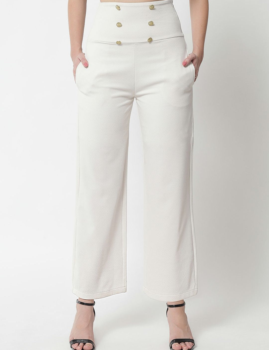 Kotty Women White Solid Relaxed Straight Fit High-Rise Parallel Trousers