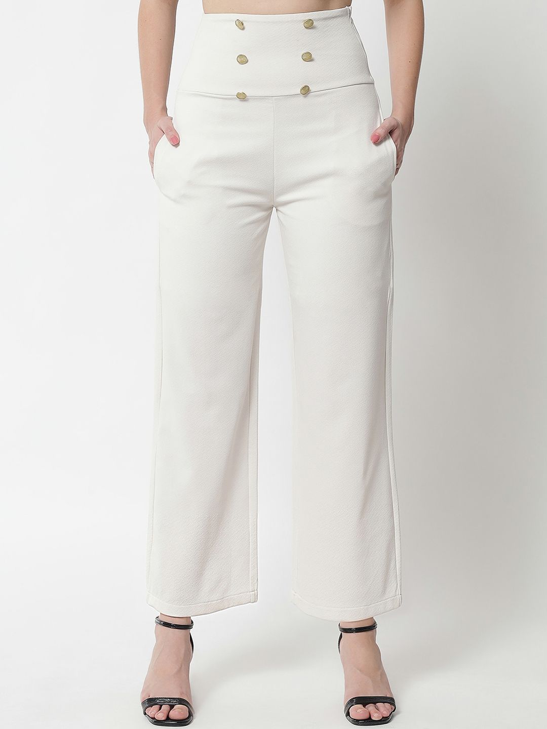 Kotty Women White Solid Relaxed Straight Fit High-Rise Parallel Trousers