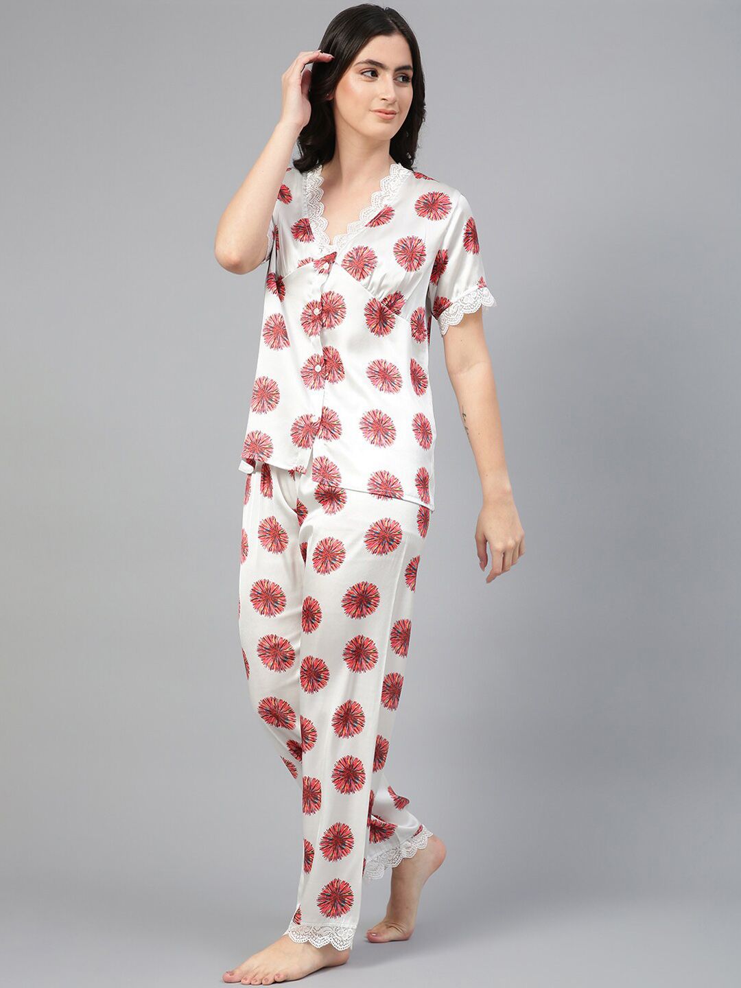 Kotty White & Red Floral Printed Satin Night Suit