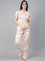 Kotty White & Green Floral Printed Satin Night Suit