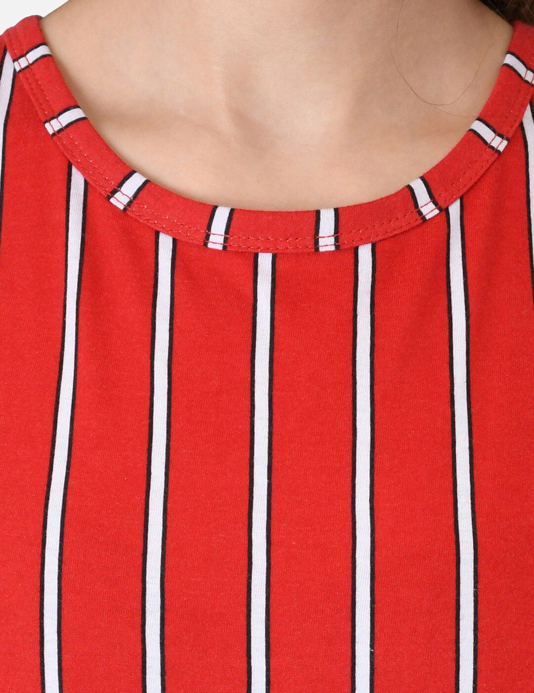 Kotty Women Red & White Striped Round Neck T-shirt
