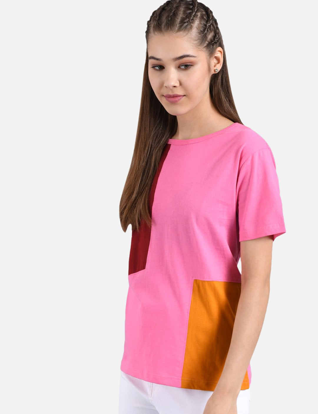 Kotty Women Pink & Maroon Colourblocked Boat Neck T-shirt
