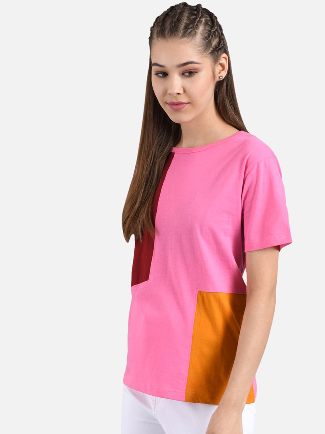 Kotty Women Pink & Maroon Colourblocked Boat Neck T-shirt