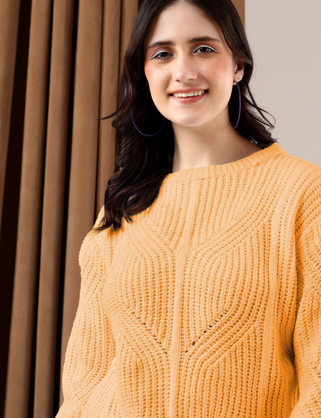 Kotty Women Open Knit Round Neck Pullover Sweater