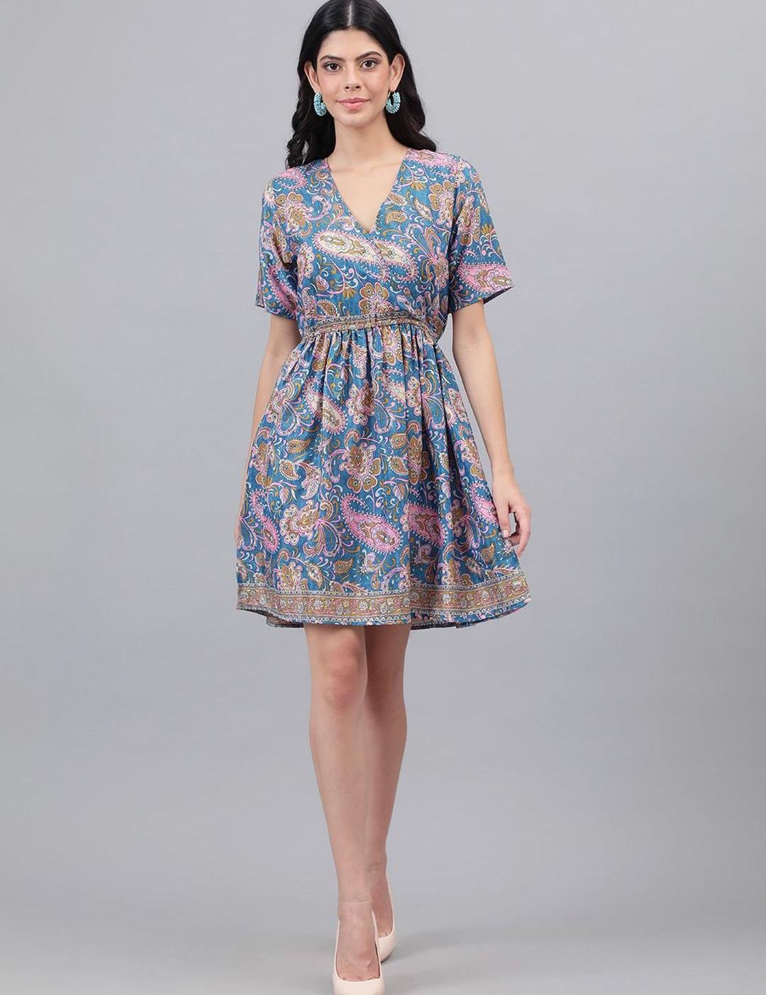 Kotty Blue And Pink Paisley Printed V-Neck Fit & Flare Dress