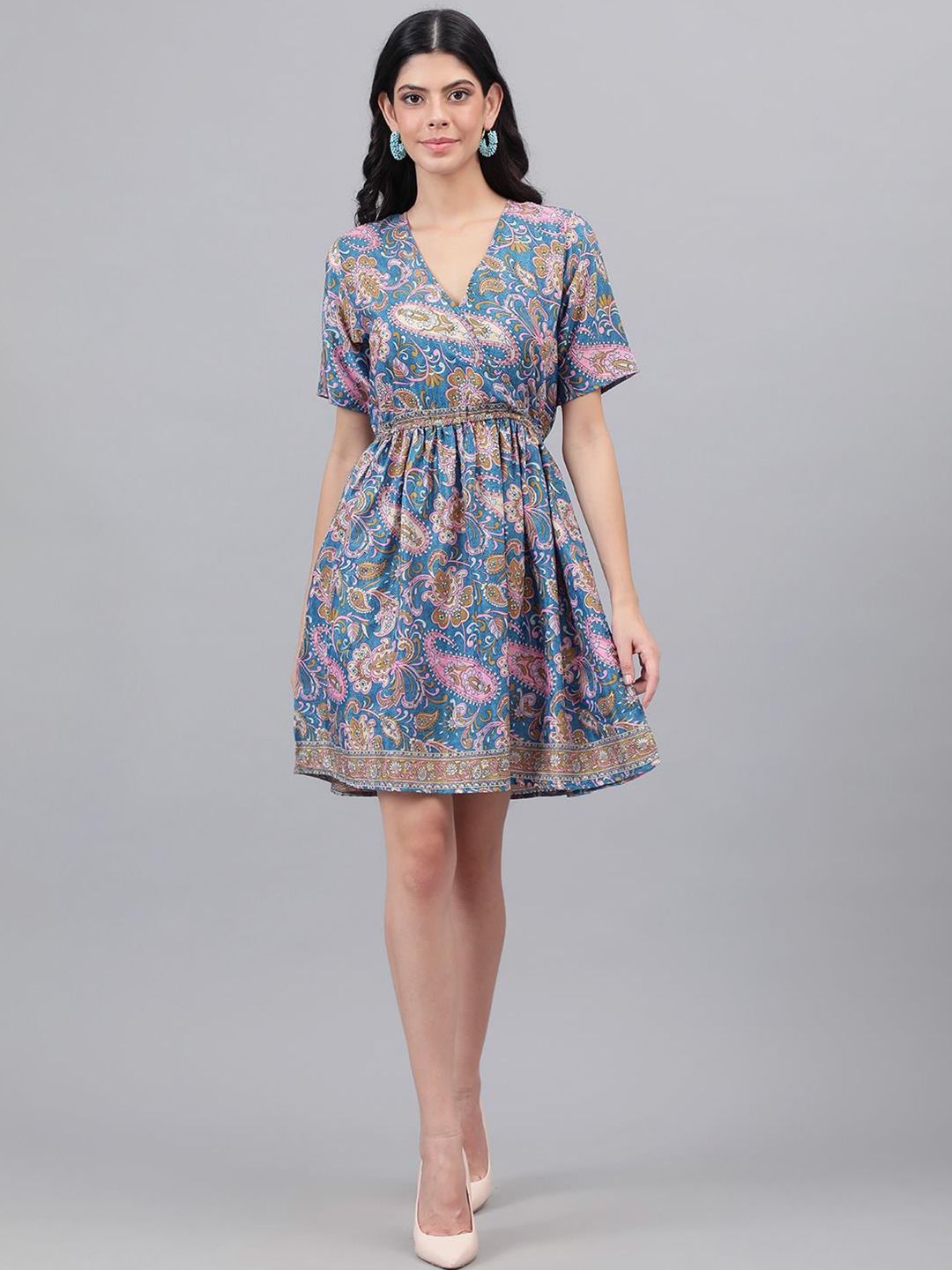 Kotty Blue And Pink Paisley Printed V-Neck Fit & Flare Dress